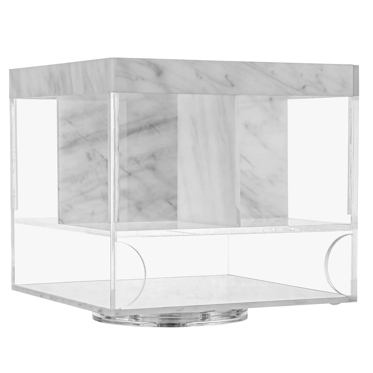 Marble swivel silverware caddy with white base and rotating carousel compartments for organizing utensils and tabletop storage.