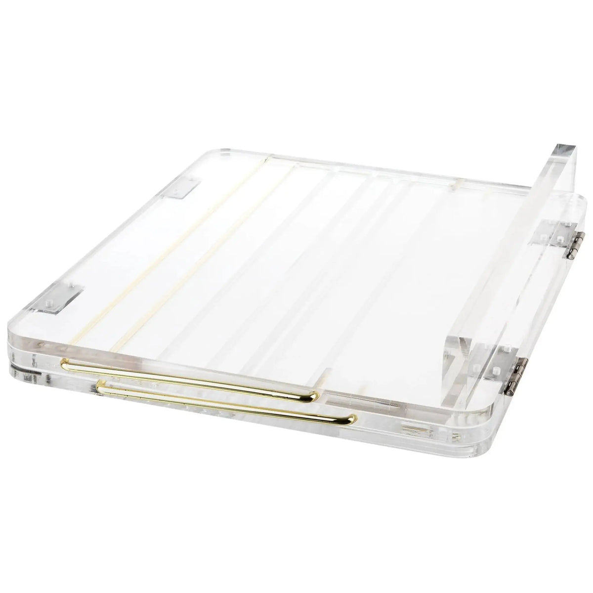 Clear acrylic MetaLucite foldable shtender with metal hinges and angle supports for reading books or texts during prayer.