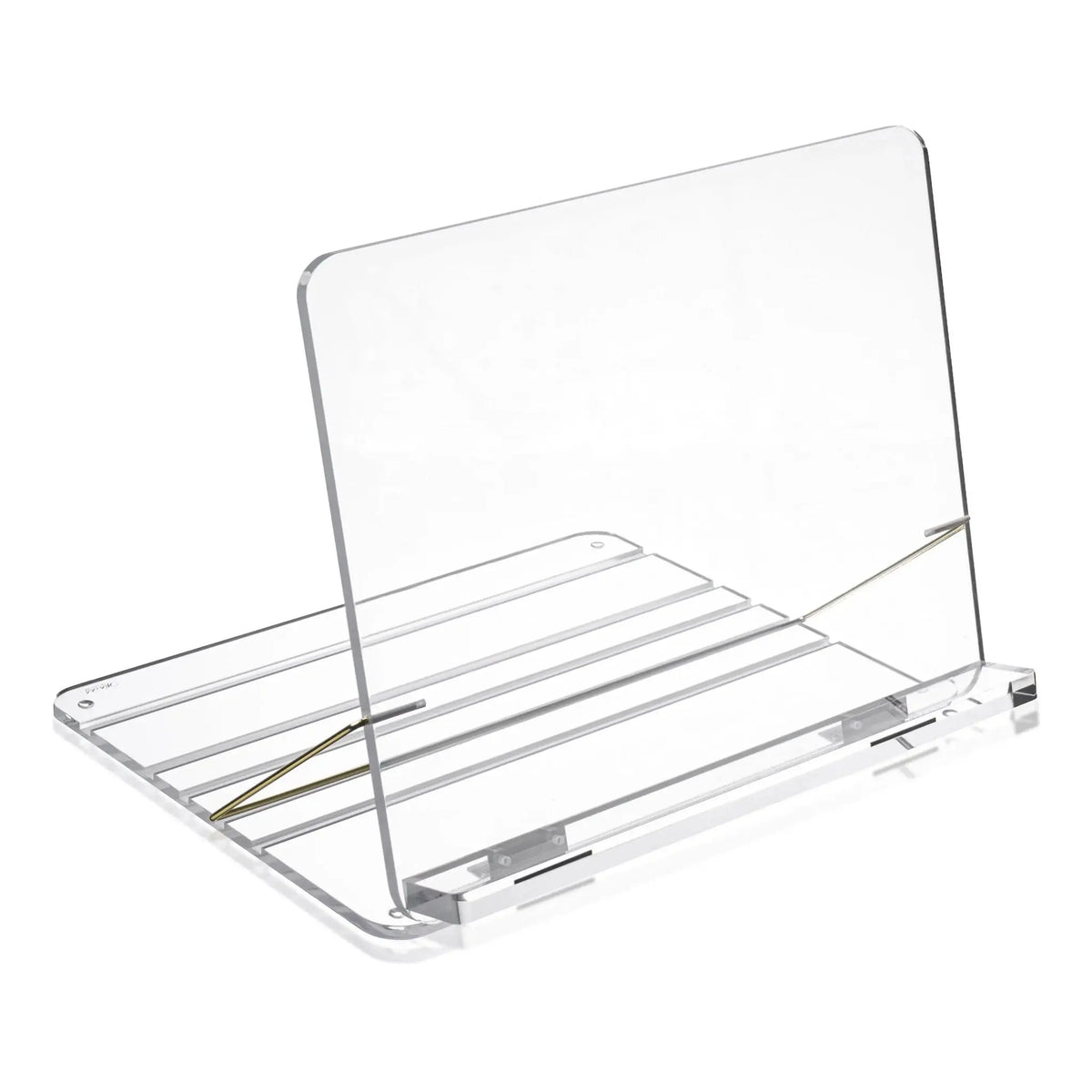 Clear acrylic tabletop shtender with metal base and horizontal book holders for reading religious texts during prayer or study.