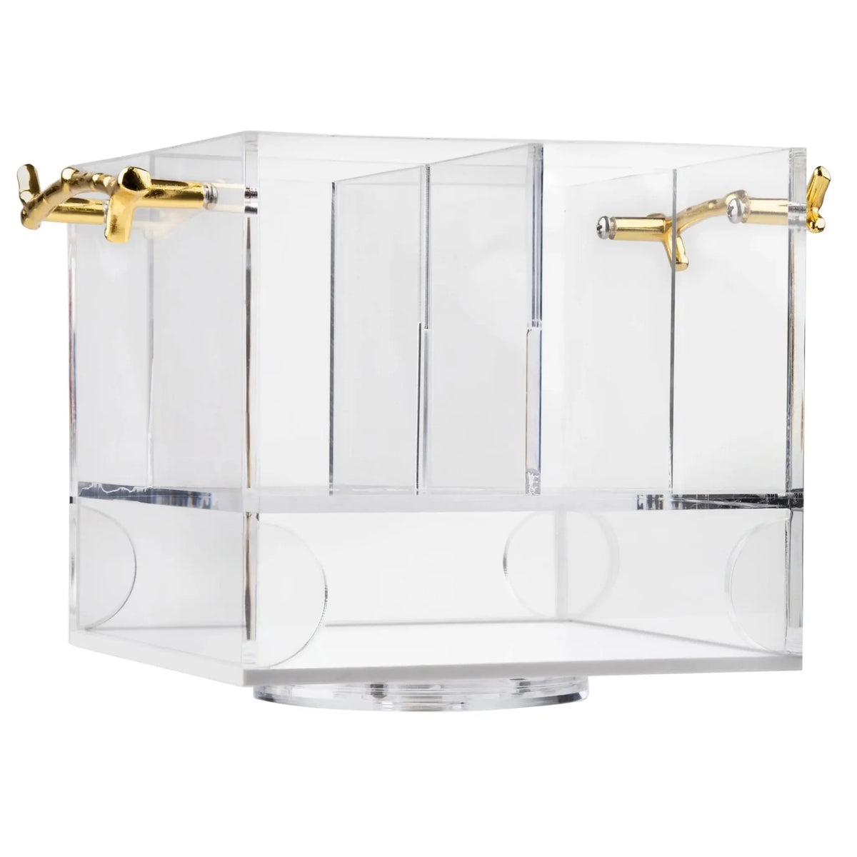 MetaLucite Twig Swivel Silverware Caddy with clear acrylic body, gold-tone metal twig handles, and rotating base for organizing flatware and table settings.