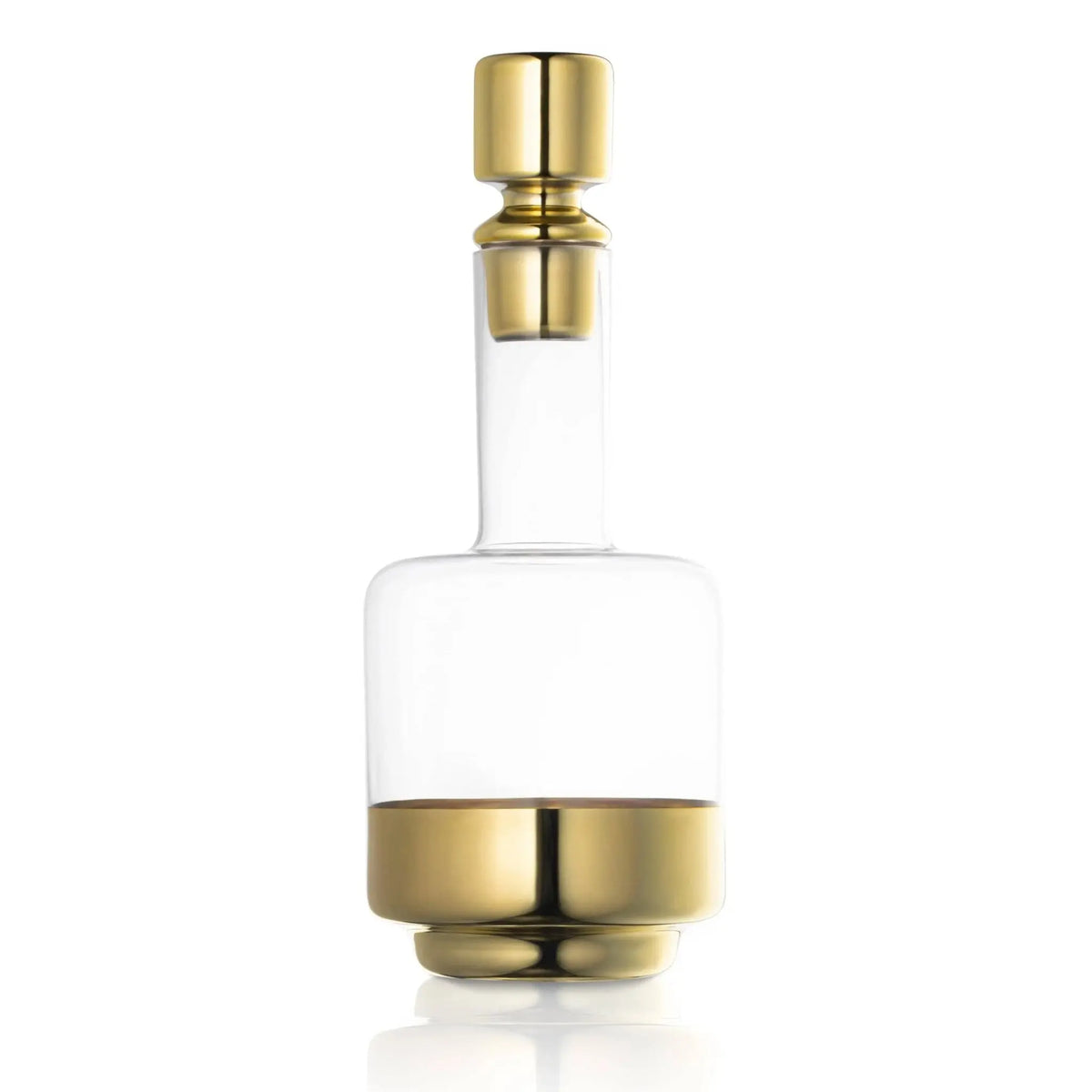 Minimalist wine decanter with clear glass body and brushed gold metal accents on top and base, displayed against white background.
