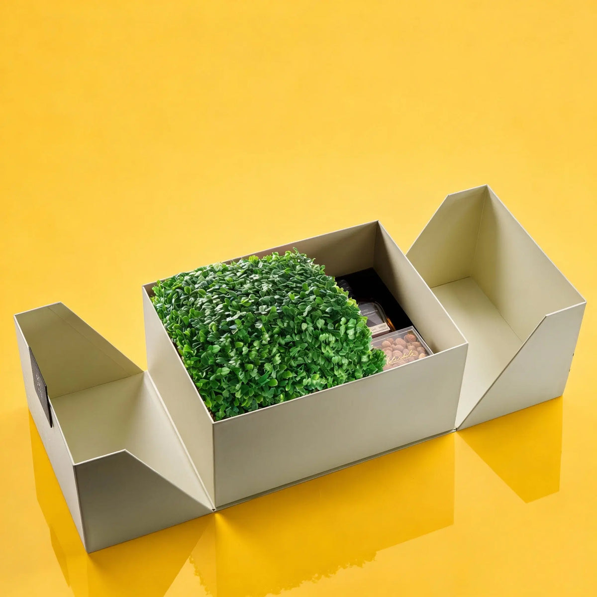 Boxwood vase Mishloach Manos from Waterdale Collection with Popinsanity and Woodford Reserve in a Purim gift box