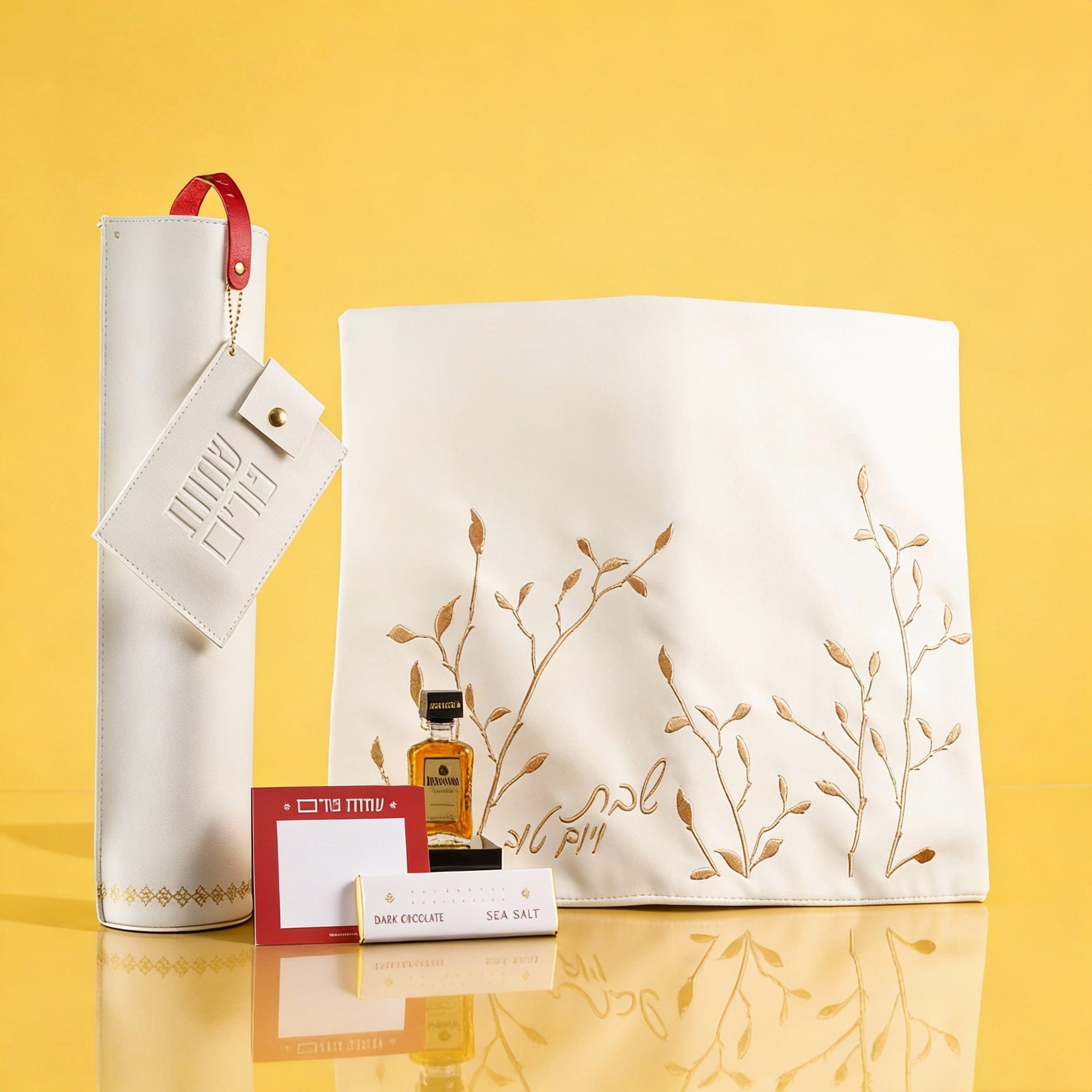 Elegant Mishloach Manot gift basket for Purim featuring premium wine, Hebrew-themed Judaica, and deluxe gift boxes