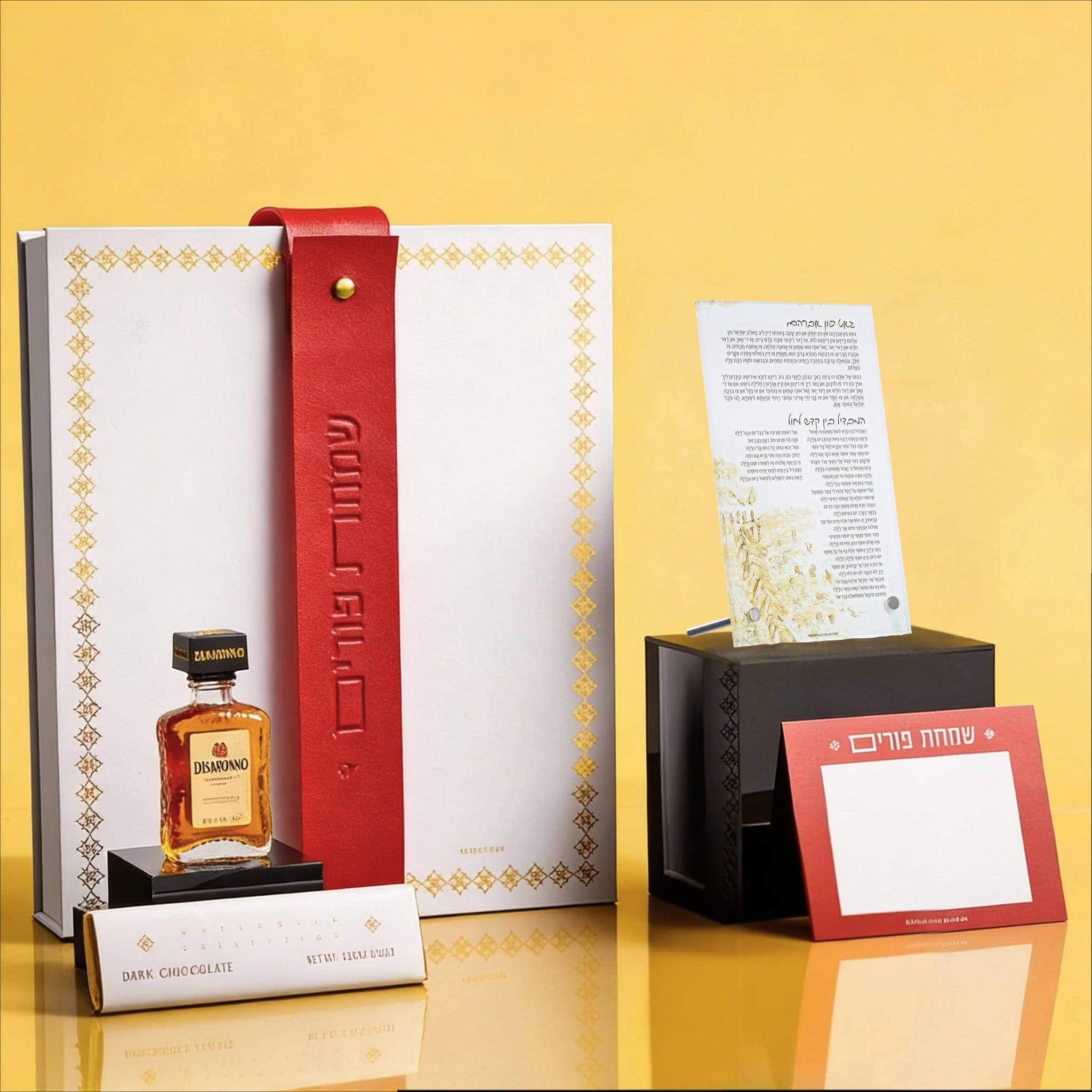 Luxury Purim Mishloach Manot gift set featuring an upright acrylic prayer card with gold illustrations, a white leatherette box with a red strap, and a mini Disaronno liqueur.
