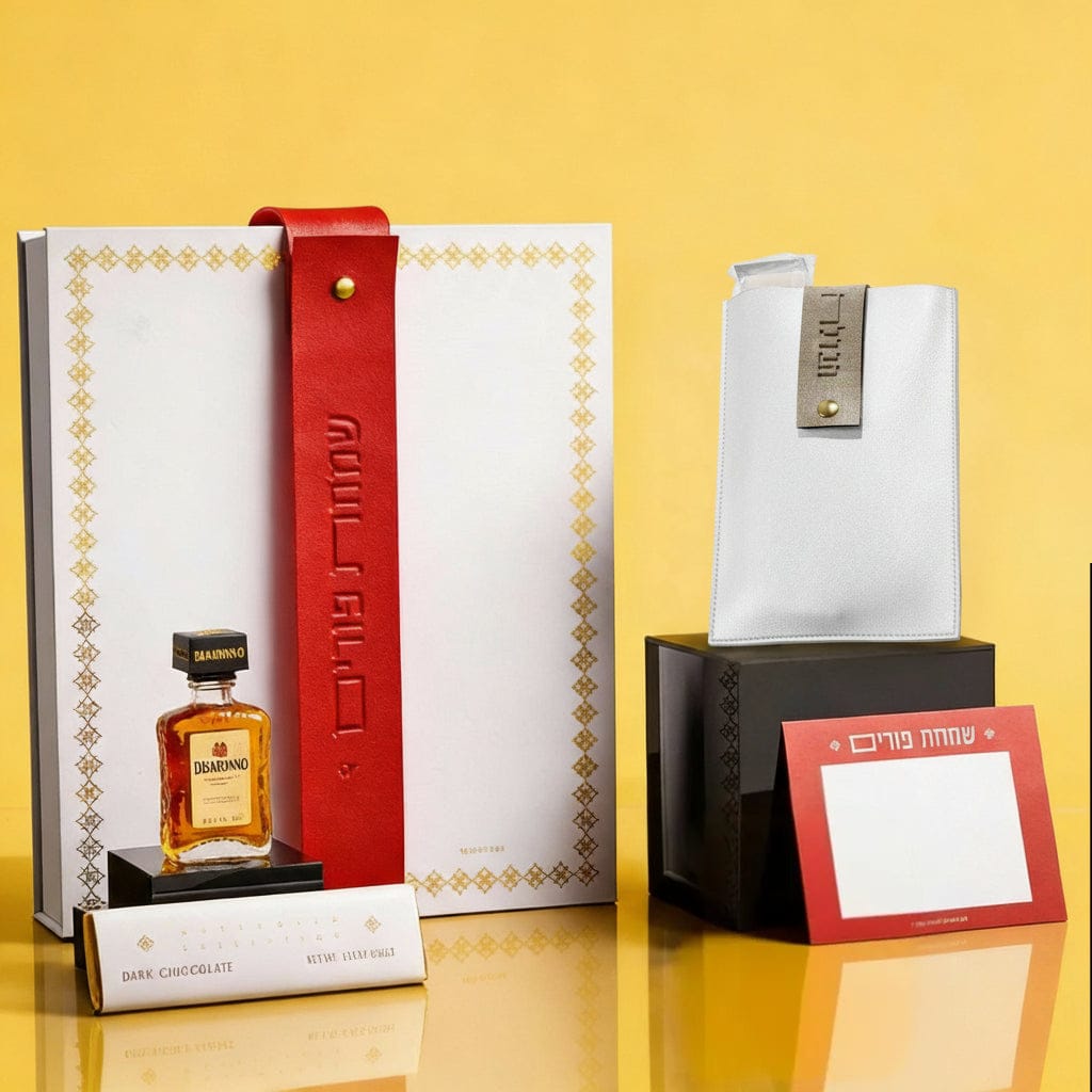 Luxury Havdalah Mishloach Manot gift box featuring a white leatherette Havdalah card pouch with a grey strap, a large white and gold gift box, Disaronno liqueur, and dark chocolate.