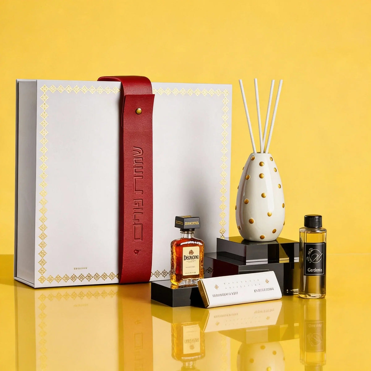 Gold dot diffuser Mishloach Manot from Waterdale Collection, a Purim gift box with parve chocolate and a mini liquor bottle