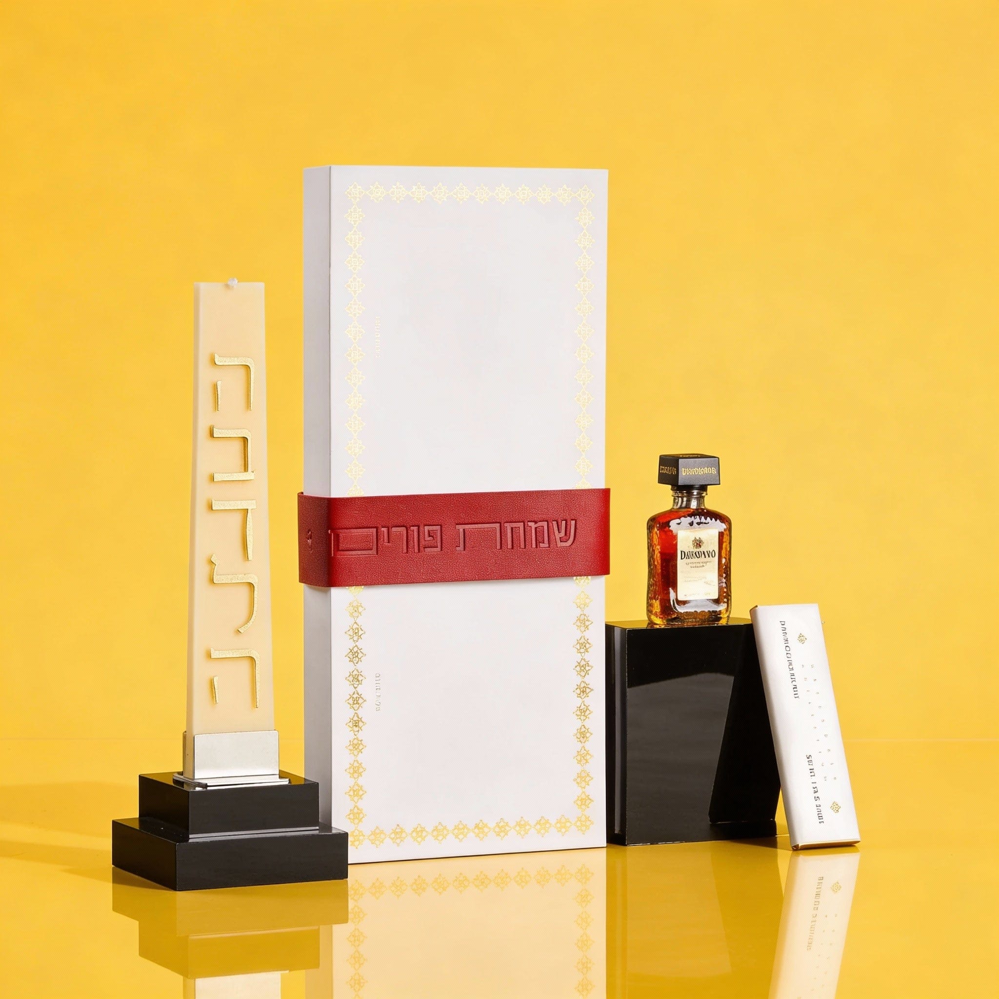 Elegant Mishloach Manot gift basket for Purim featuring premium wine, Hebrew-themed Judaica, and deluxe gift boxes