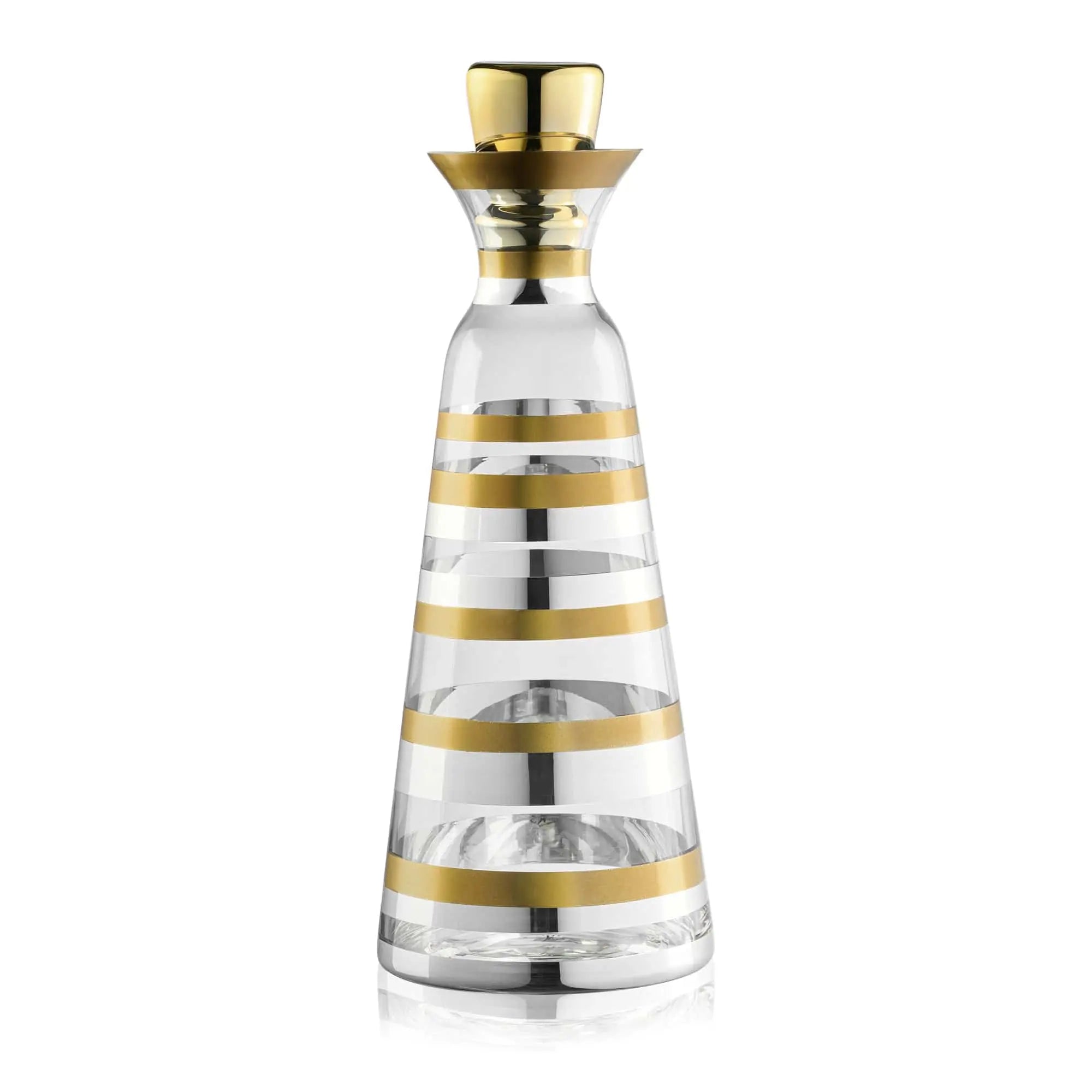 Mixed metallic wine decanter with clear glass body and gold and silver striped accents, elegant modern barware | Waterdale Collection