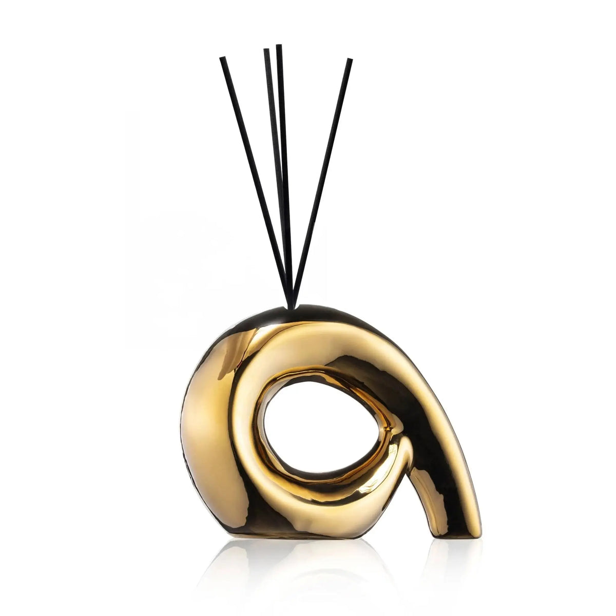 Gold Mod Floral Diffuser with curved modern design and black reed sticks, from Waterdale Collection