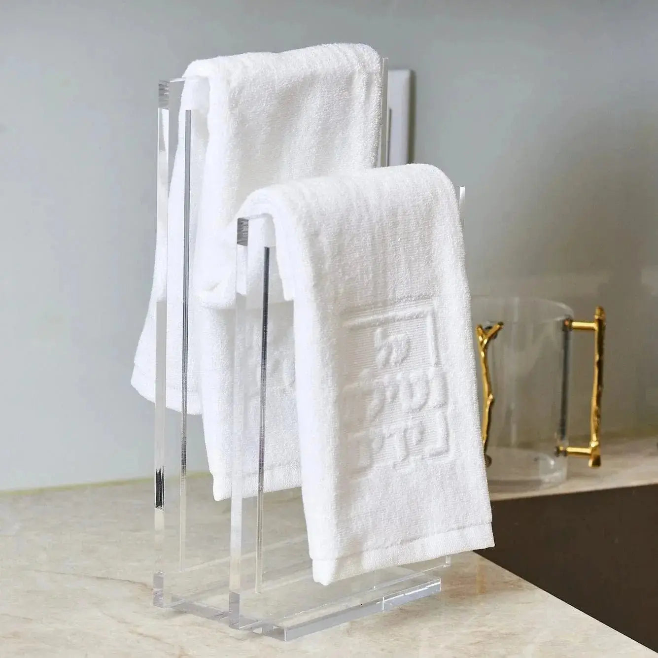 Modern White Embossed Netilas Yadayim Towel Set - Waterdale Collection