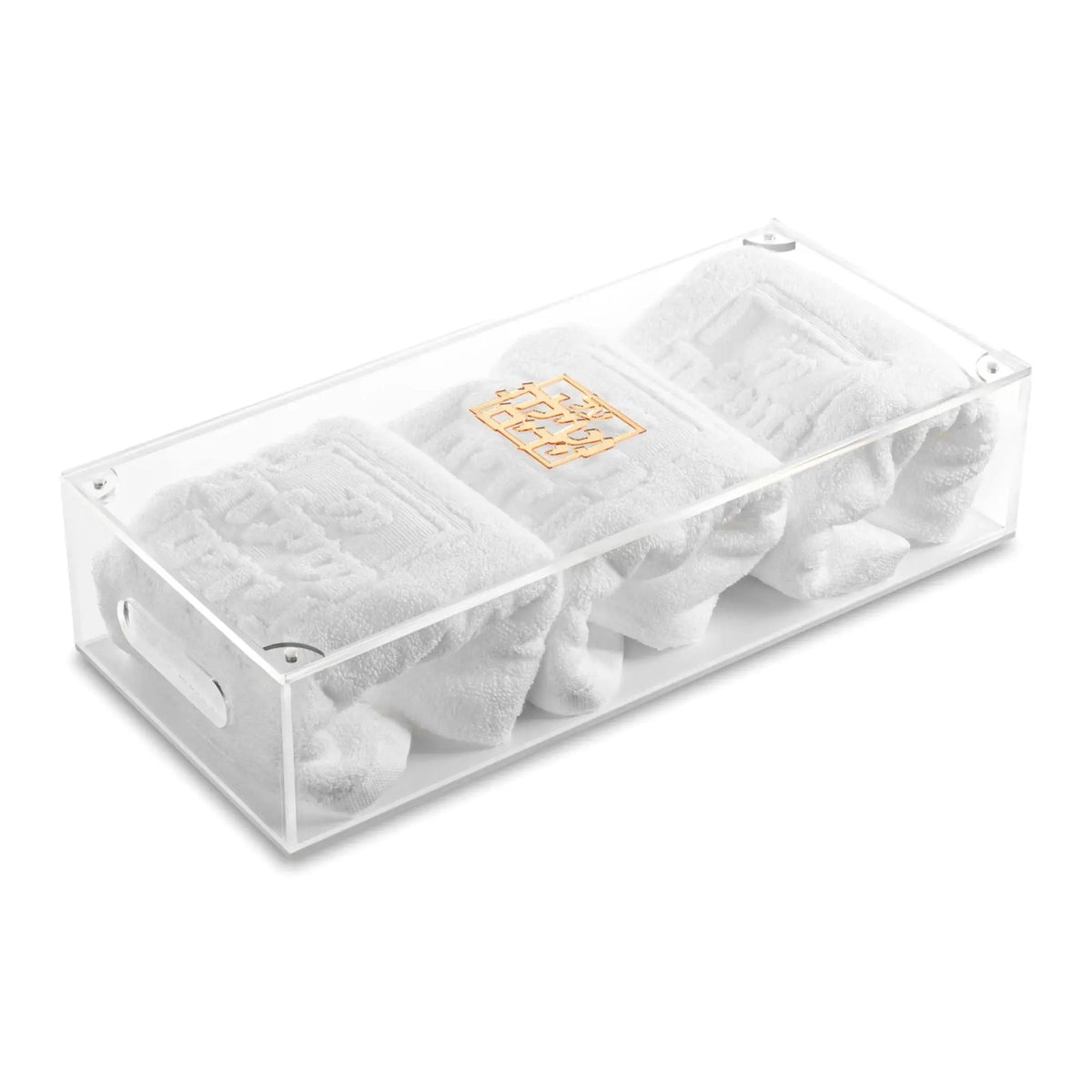 Clear acrylic Netilas Yadayim towel box by Waterdale Collection with folded white towels and gold accents, ideal for kitchen or bathroom.