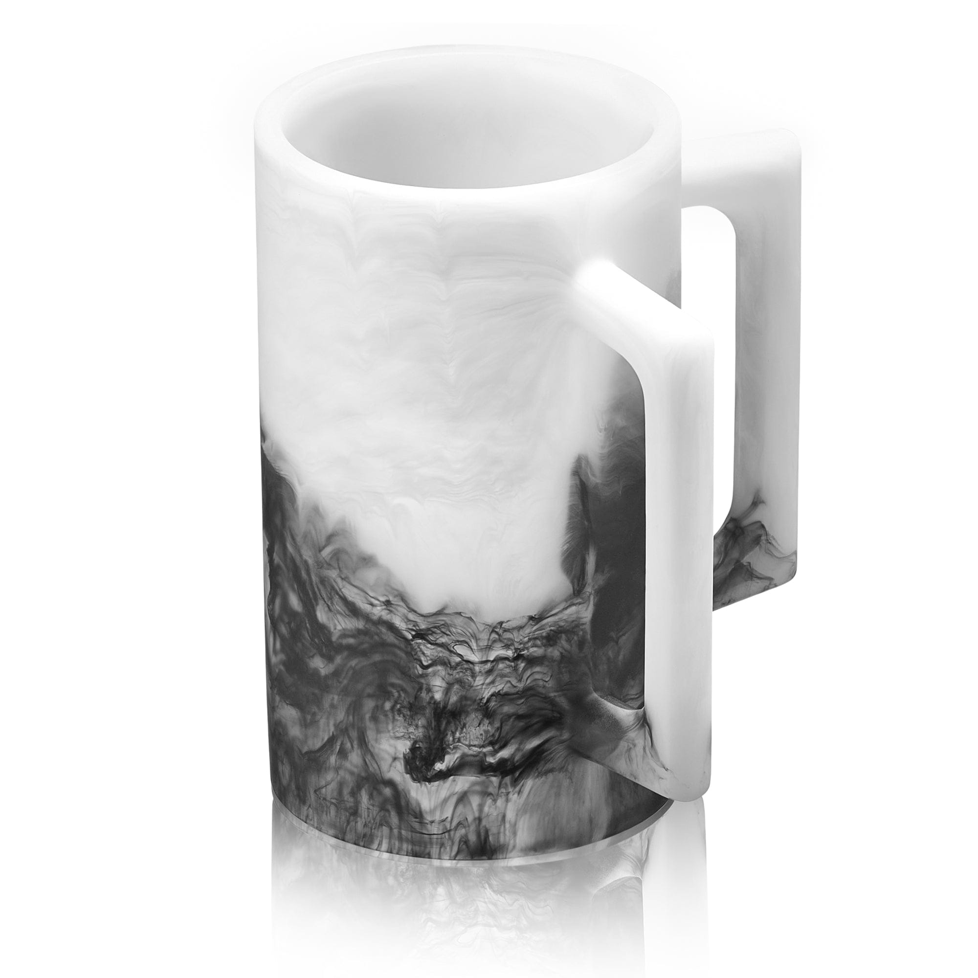 Modern ombre black resin washing cup for Netilat Yadayim with a white and black marbleized gradient and dual handles.