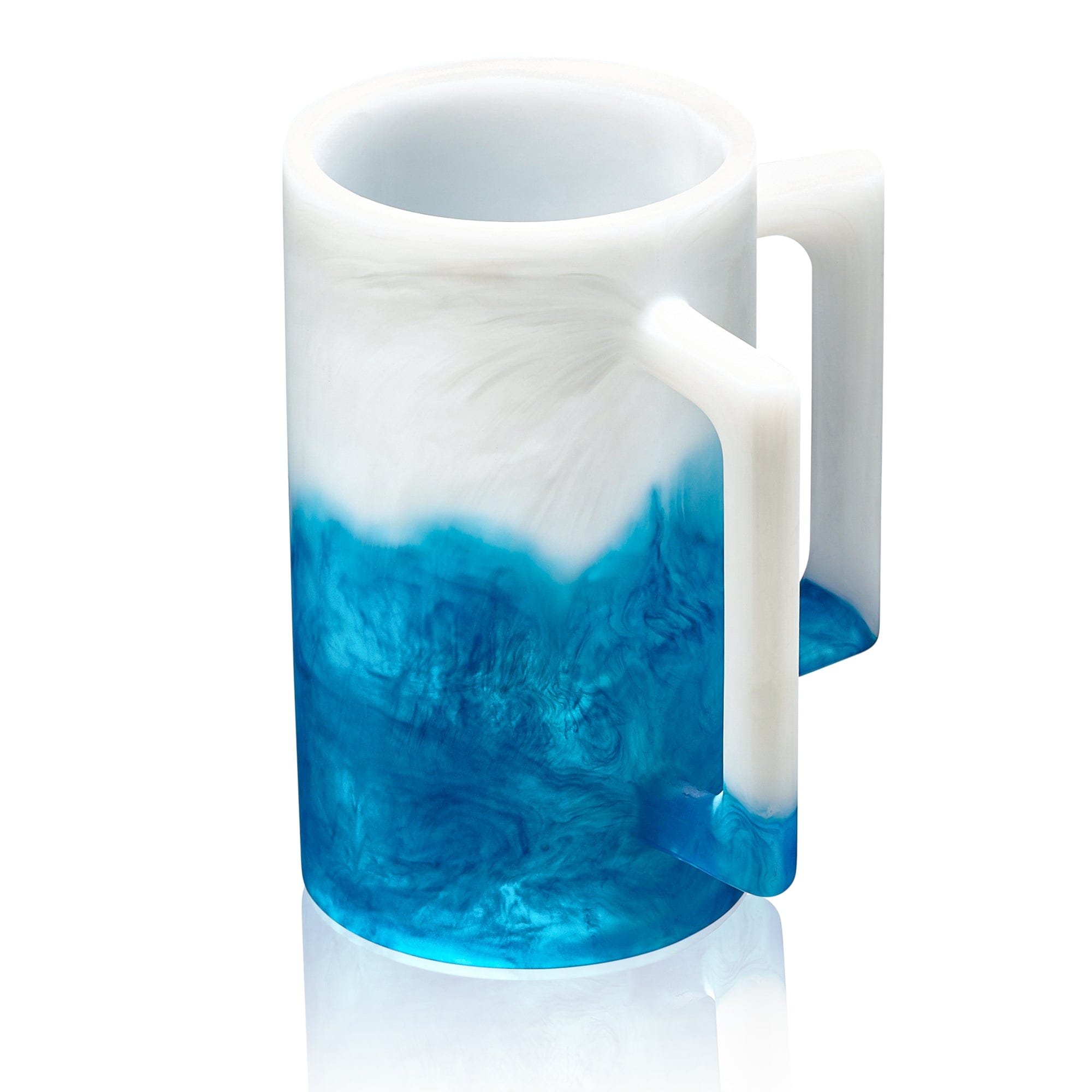 Modern ombre blue resin washing cup for Netilat Yadayim with a white and blue marbleized gradient and dual handles.