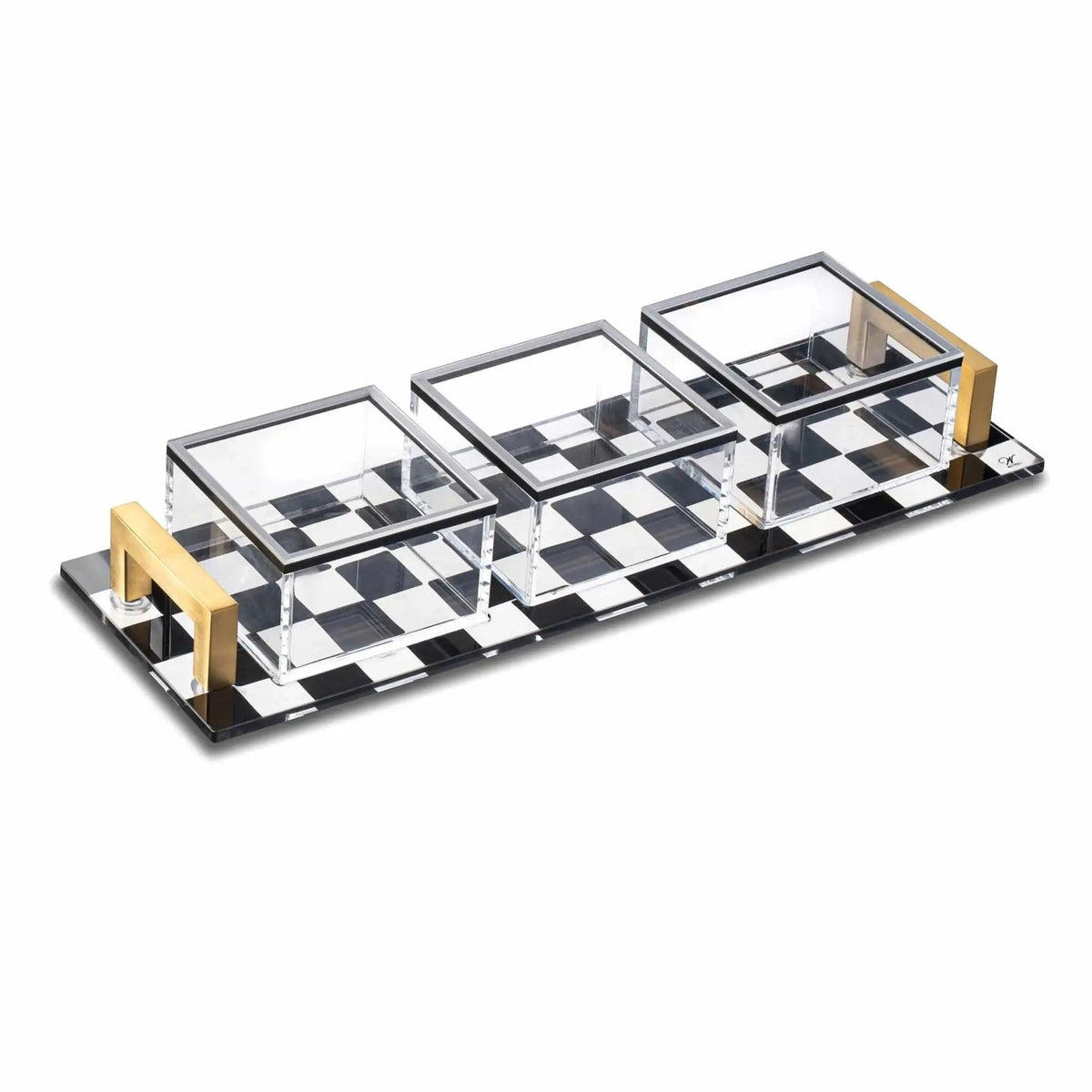 Onyx 3 Sectional Dip Bowl Set with black and white checkered tray, featuring three glass bowls with gold handles for serving dips and appetizers.