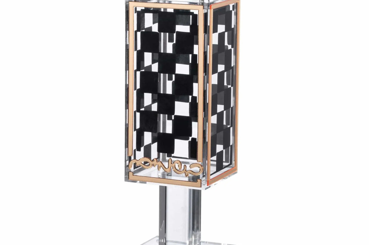 Onyx Square Besamim Holder with black and white checkered pattern, silver metal stand and cap for Havdalah spice jar.