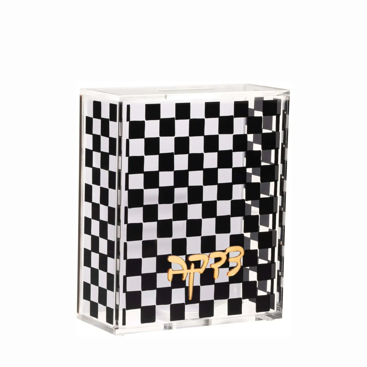 Black and white checkered Onyx Tzedakah box with gold accents, perfect for Shabbat and holiday giving.