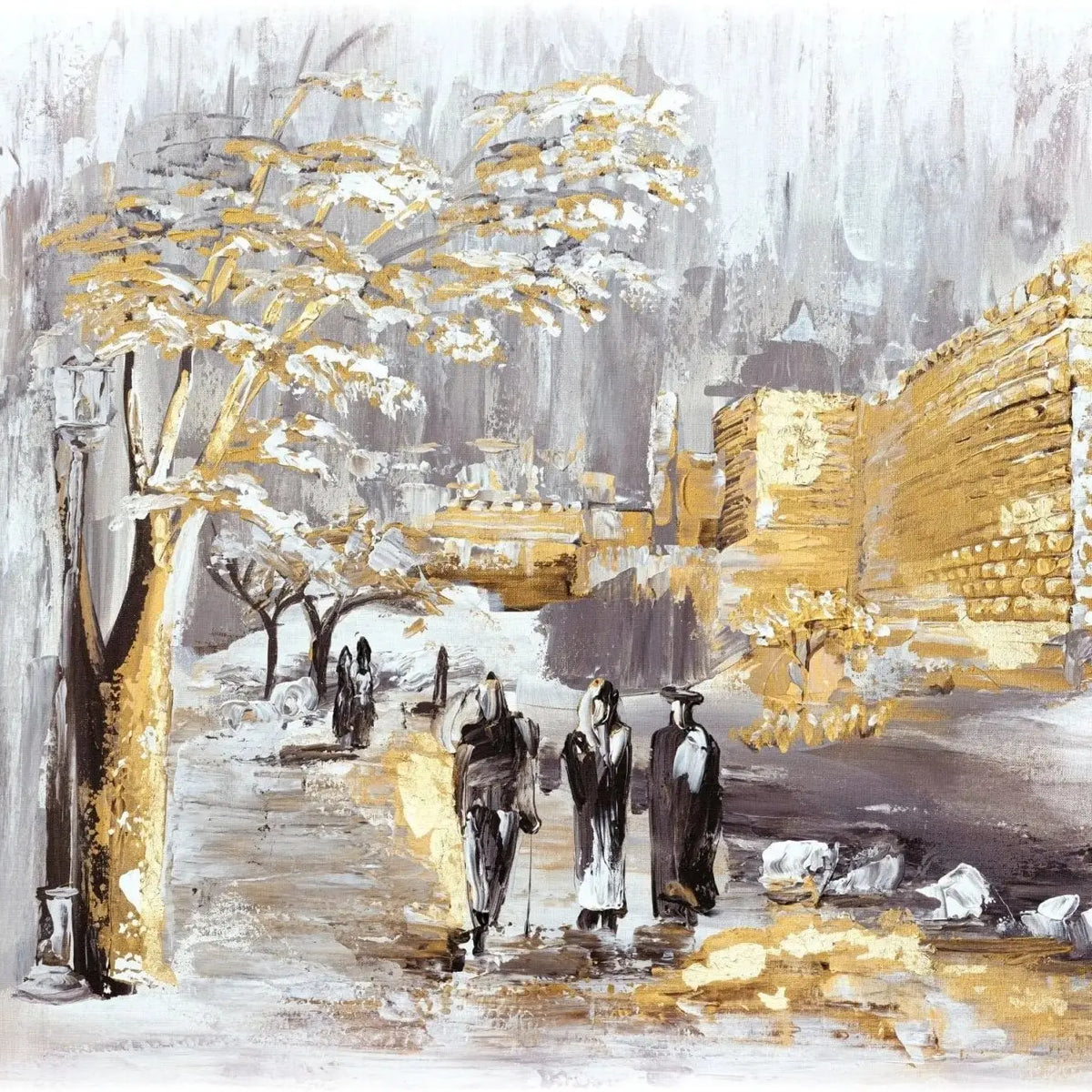 Hand painted watercolor art depicting a snowy street scene with figures and buildings in warm gold and grey tones by Waterdale Collection.