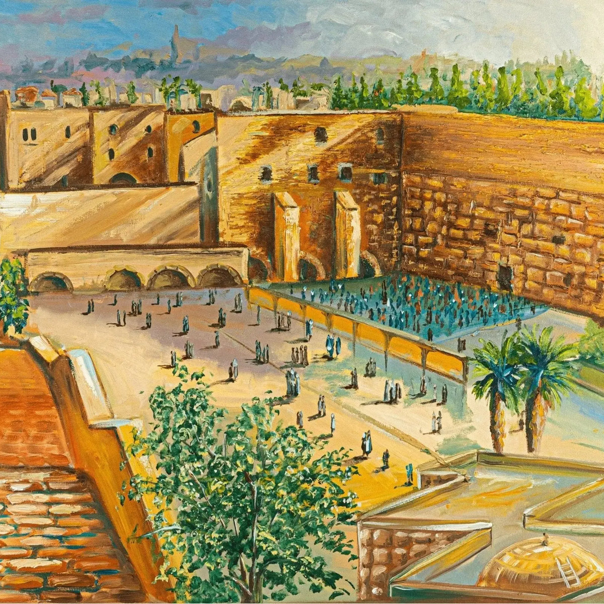 Hand painted Judaica art depicting an ancient temple courtyard scene with golden architectural details and figures, watercolor style wall art by Waterdale Collection