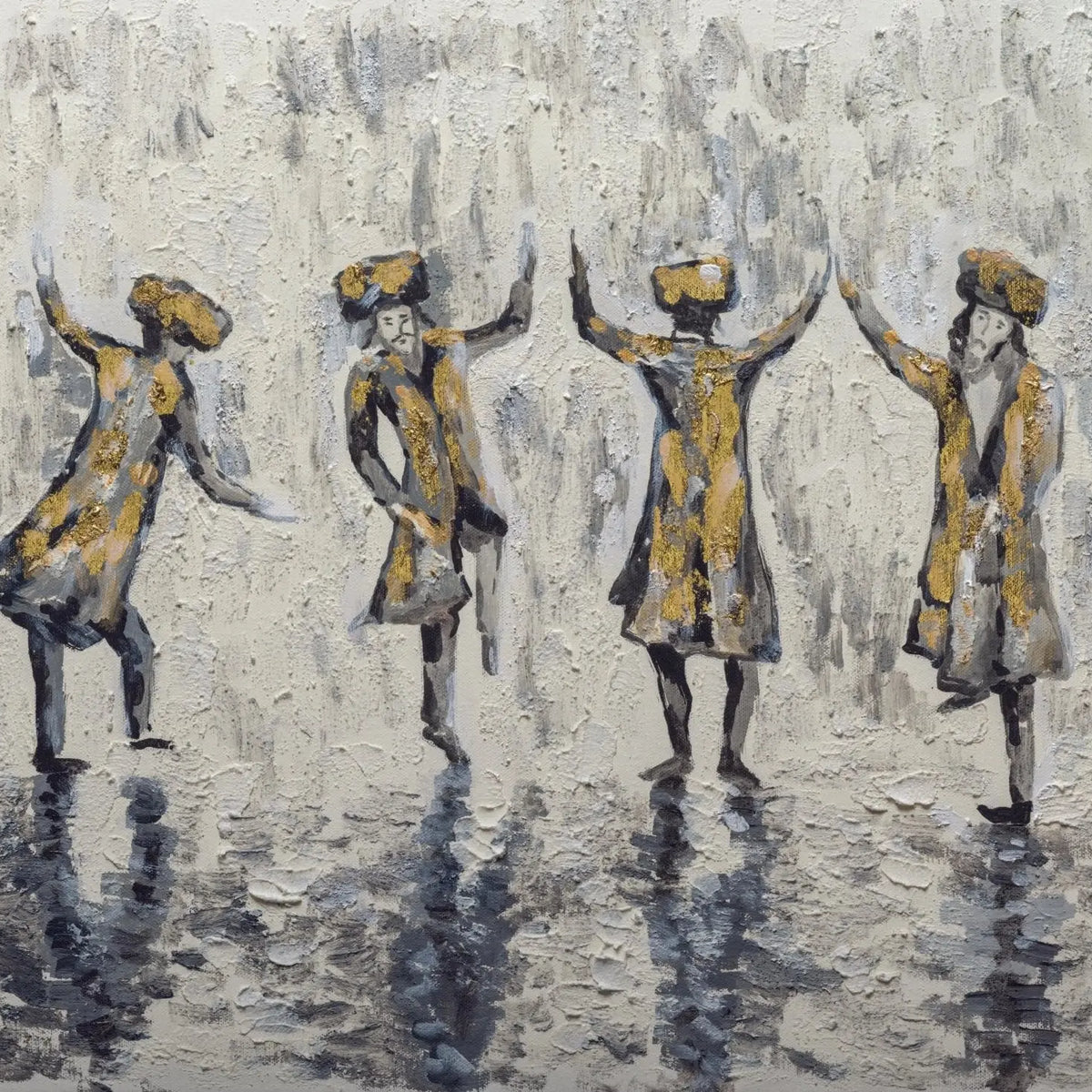 Hand painted art depicting four figures in coats standing in water, featuring muted blue and brown tones on textured canvas by Waterdale Collection.