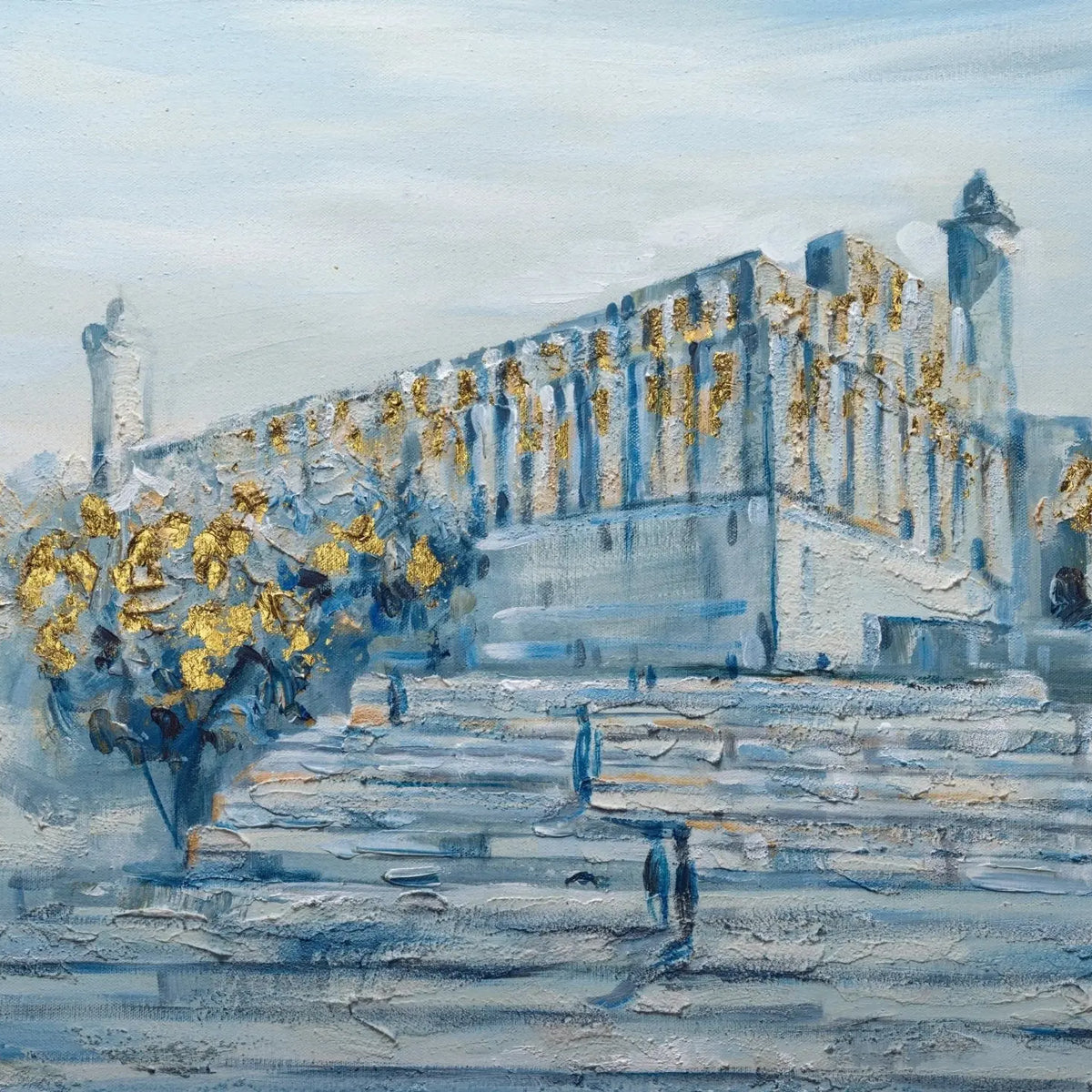 Hand-painted watercolor art depicting a historic Jewish synagogue with golden architecture and blue-toned landscape by Waterdale Collection.