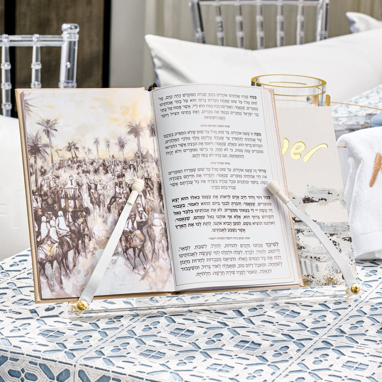 Artistic Jerusalem-themed Haggadah stand, luxury taupe and gold Passover table accessory for hands-free reading.
