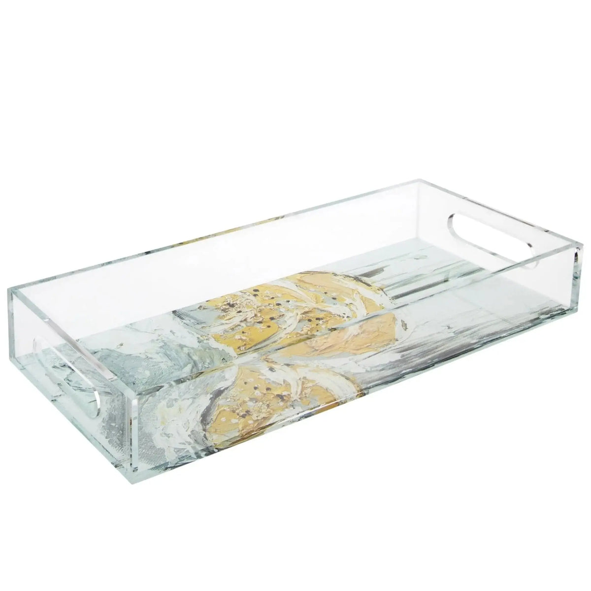 Clear acrylic bread tray with painted floral design in blue and yellow, featuring handles and divided compartments for serving bread and pastries.