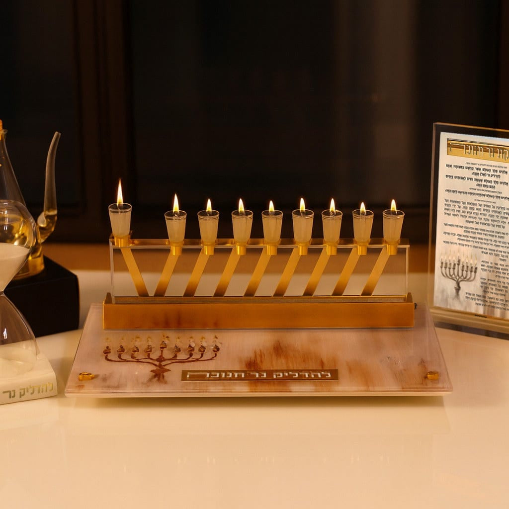 Painted by Batya 2.0 Menorah Tray featuring elegant gold-accented Chanukah design with detailed menorah artwork, modern acrylic tray for candle lighting, sophisticated Judaica décor perfect for Chanukah celebrations.