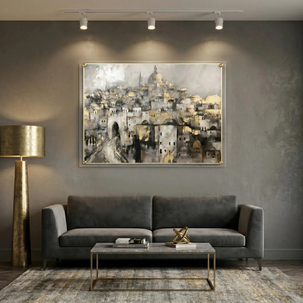 Jerusalem cityscape floating lucite judaica wall art with gold accents.