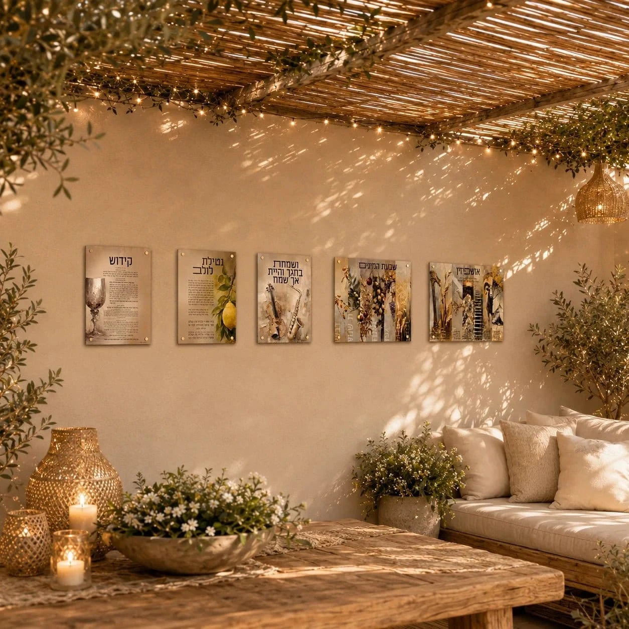 Painted by Batya sukkah decorations set of five vinyl panels hung on a sukkah wall under a string-lit bamboo roof with olive branches