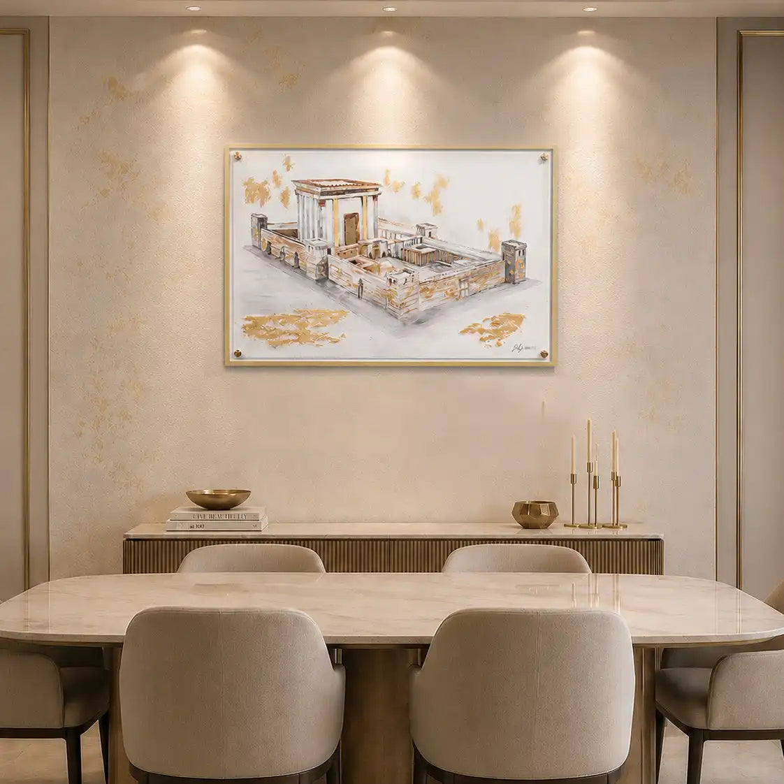Painted Bais Hamikdash painting with gold accents hanging on a wall.