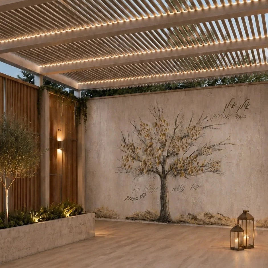 Painted by Judy Family Tree vinyl sukkah mural on a sukkah wall in a modern pergola with wood floors and a candle lantern