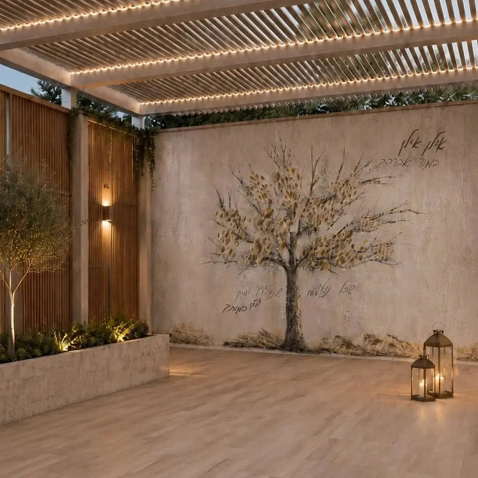 Family Tree vinyl sukkah mural by Judy, painted tree filling a Sukkot succah wall