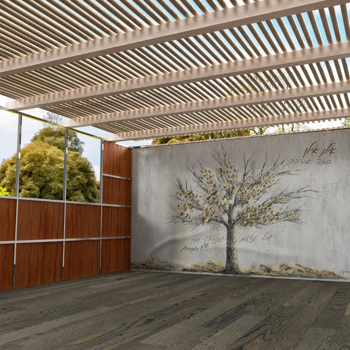 Family Tree vinyl sukkah (סוכה) decoration in muted tones with 24 write-on leaves, for Sukkos