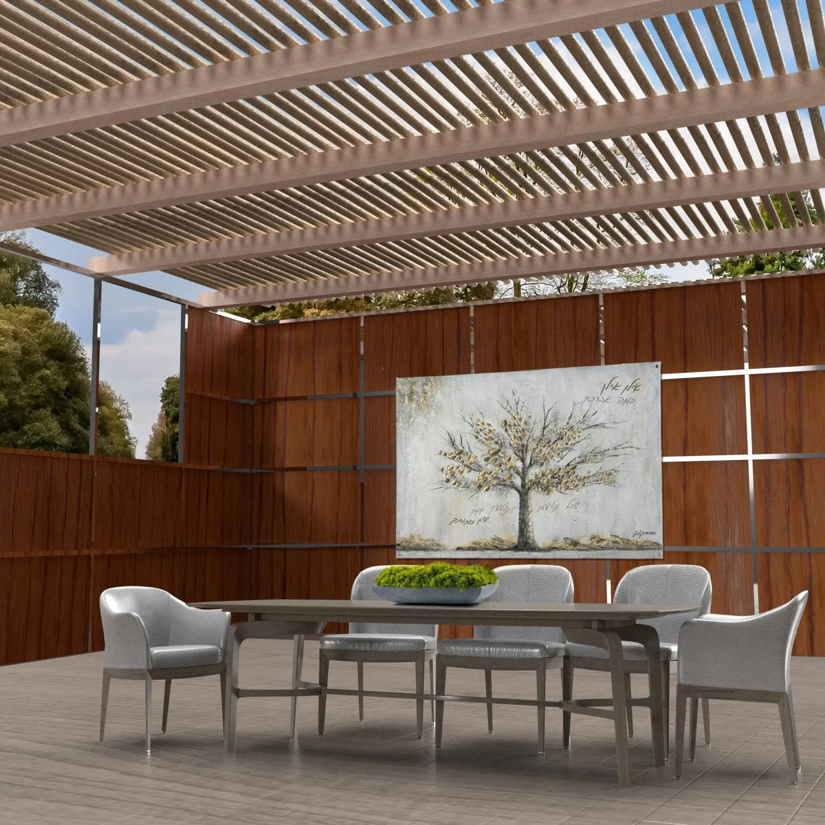Family Tree vinyl sukkah decoration on a wooden succah wall with a slatted roof, for Succos (סוכות)