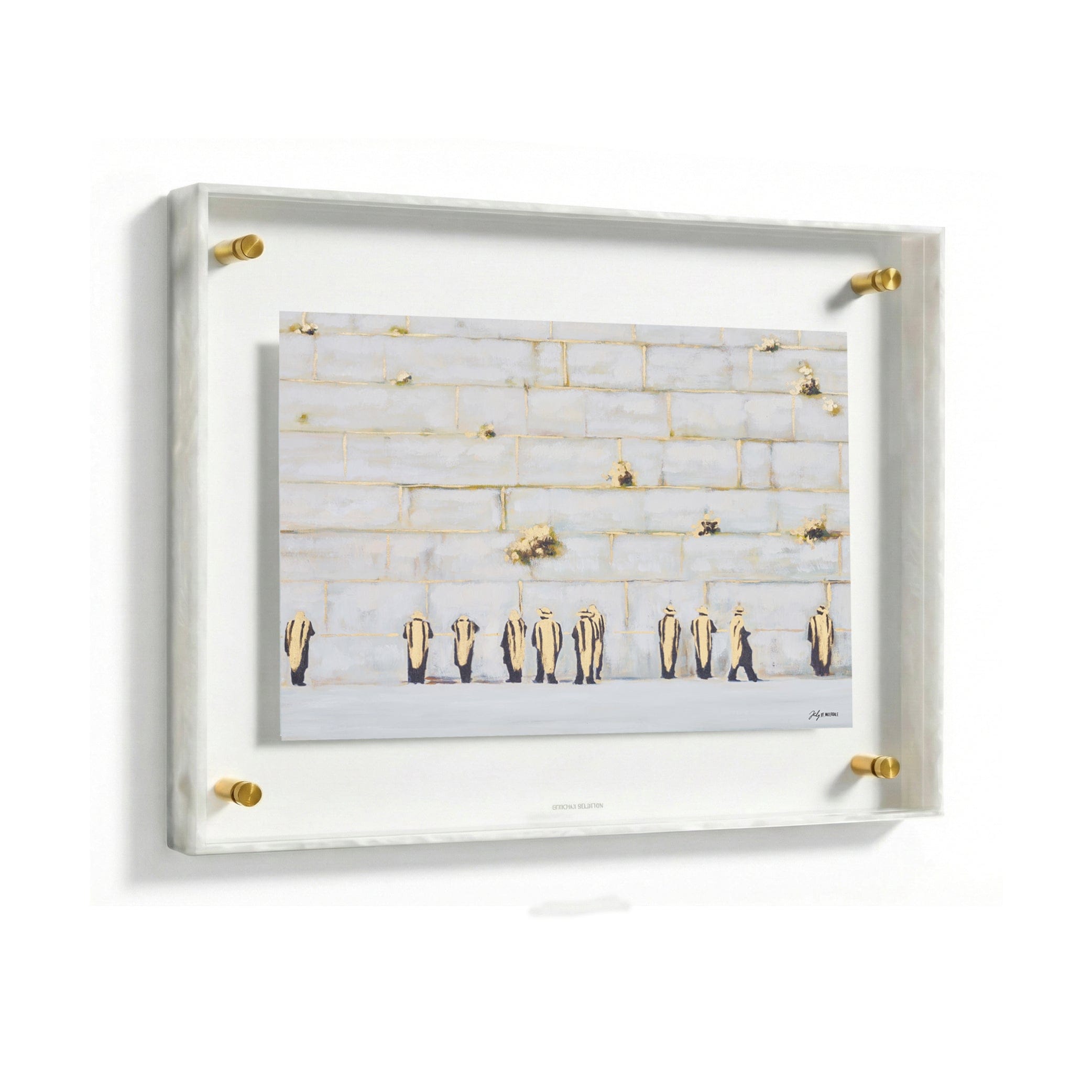 Painted by Judy Kosel wall art showcasing the Western Wall with soft neutral tones and elegant gold accents, beautifully displayed in a modern acrylic frame.