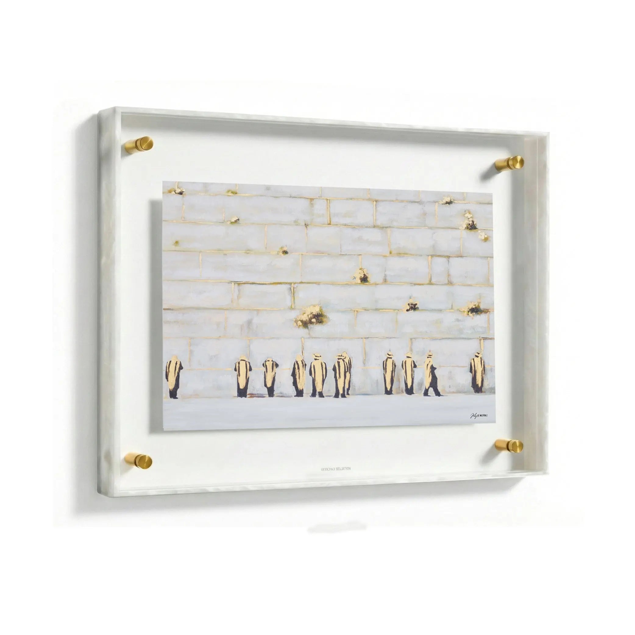 Painted by Judy Kosel wall art showcasing the Western Wall with soft neutral tones and elegant gold accents, beautifully displayed in a modern acrylic frame.