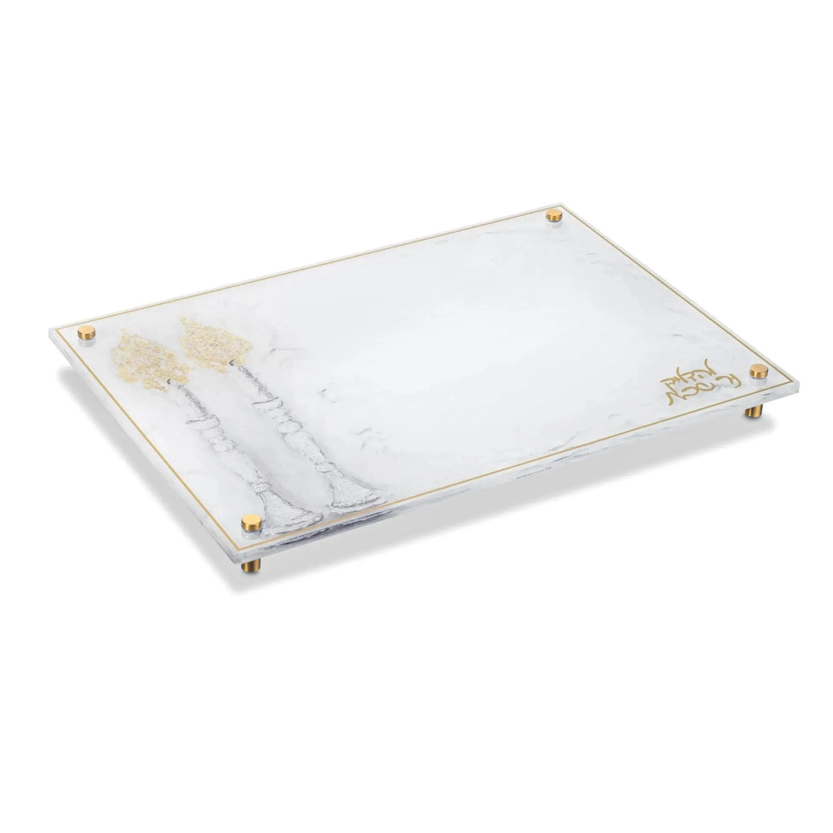 Painted by Judy Hadlokas Neiros Tray with clear acrylic surface and gold corner accents, designed for Shabbat candle lighting and Jewish home decor.