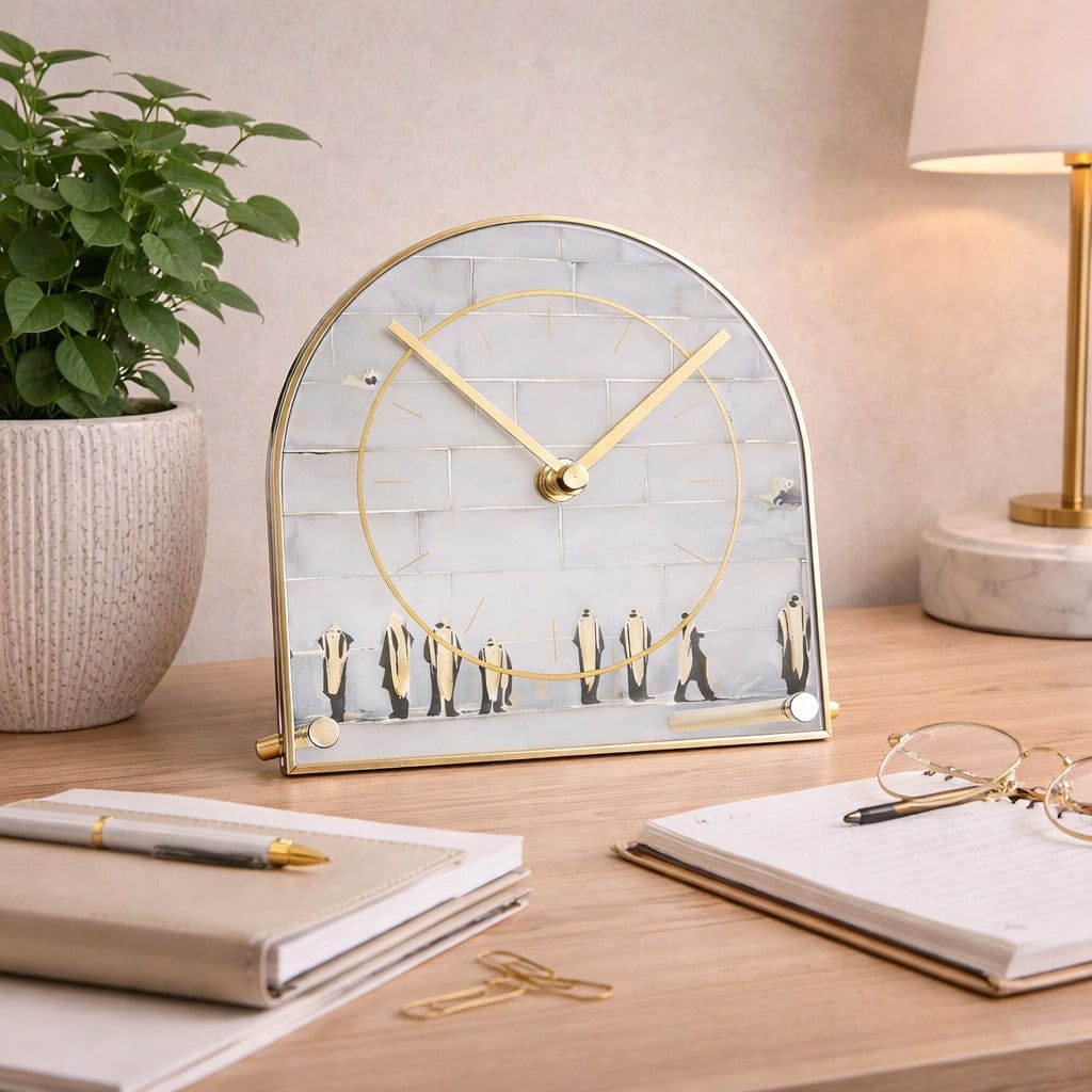 Painted by Judy Decorative Desk clock on a desk with a plant, notebook, and glasses in the background - Waterdale Collection