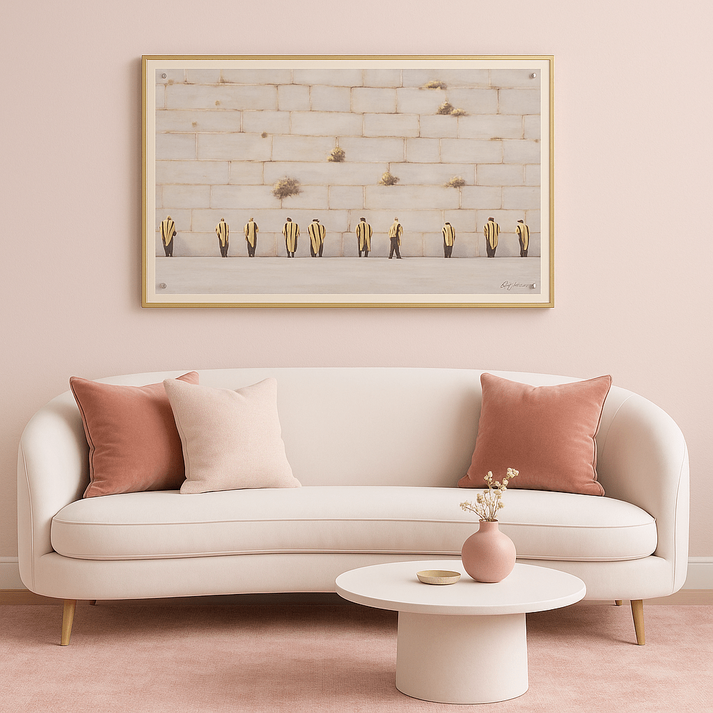 Painted by Judy Kosel Soft Violet mounted above a styled pink living room.