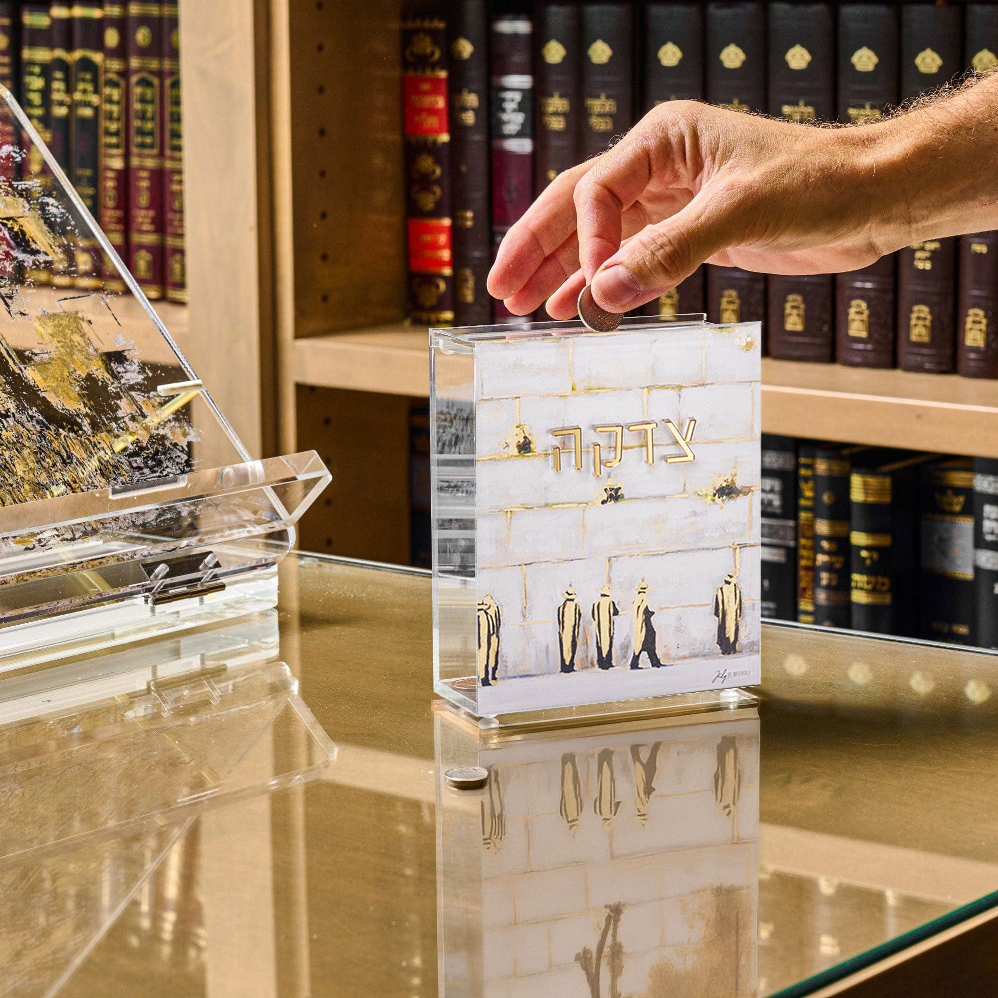 Painted by Judy Sculpture Kosel Tzedakah Box with a hand inserting a coin