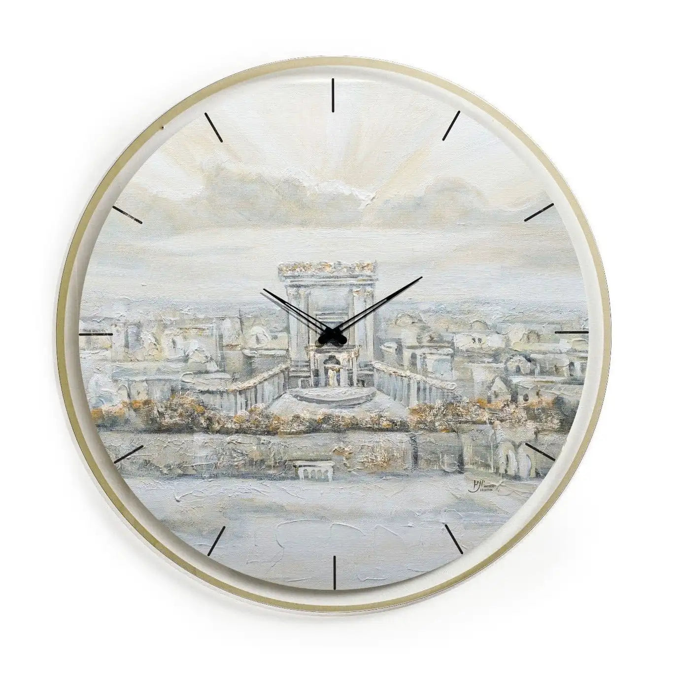 Painted clock, 20 inches with painted Bais Hamikdash design by Yonatan. Deep texture with a real painted feel.