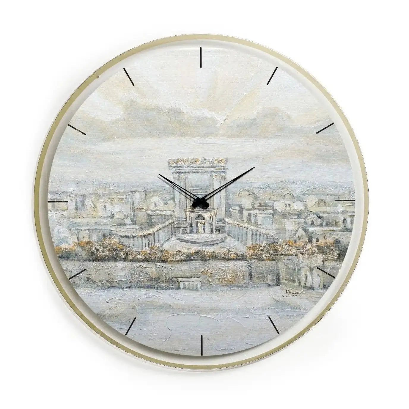 Painted clock, 20 inches with painted Bais Hamikdash design by Yonatan. Deep texture with a real painted feel.