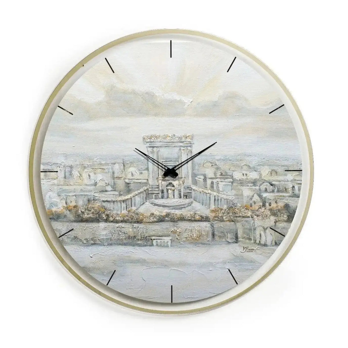 Painted Bais Hamikdash wall clock with cityscape design, silver frame, and minimalist hands displaying Jerusalem skyline artwork by Yonatan.