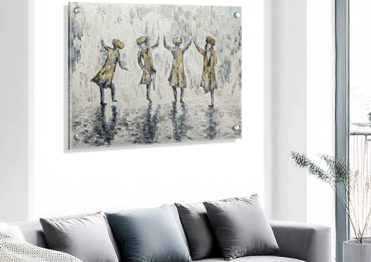 Painted by Yonatan Chassidim Dancing abstract wall art featuring figures in muted tones, displayed above a gray sofa in a modern living room.