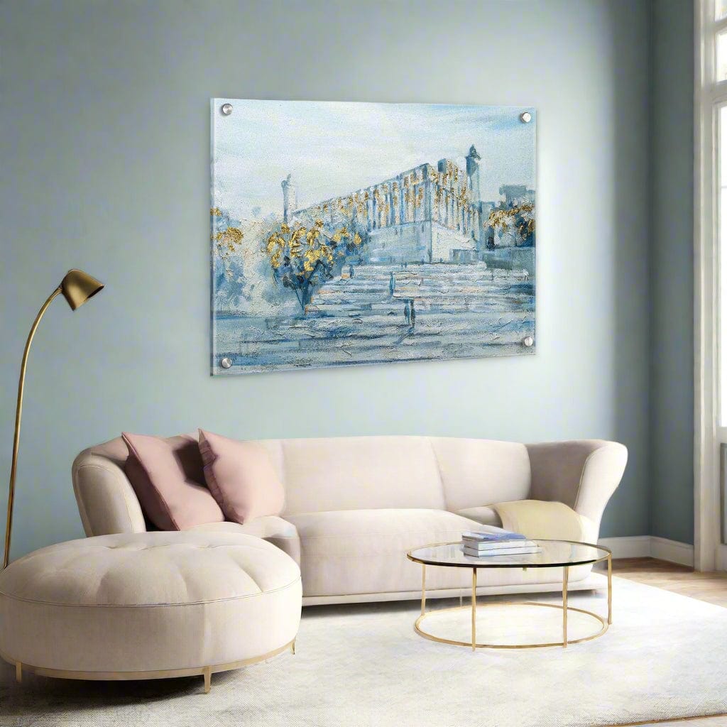 Painted by Yonatan Mearas Hamachpela wall art hung on the living room wall with lamp and round coffee table