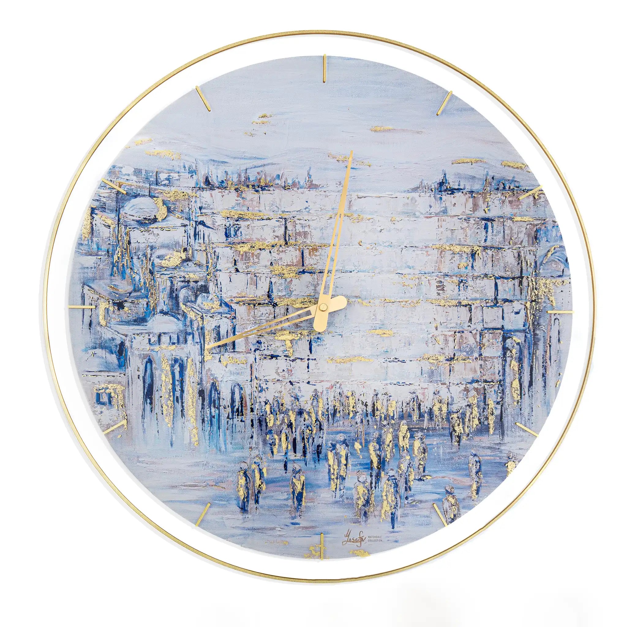 Decorative lucite kosel clock with blue kosel design on a clear background