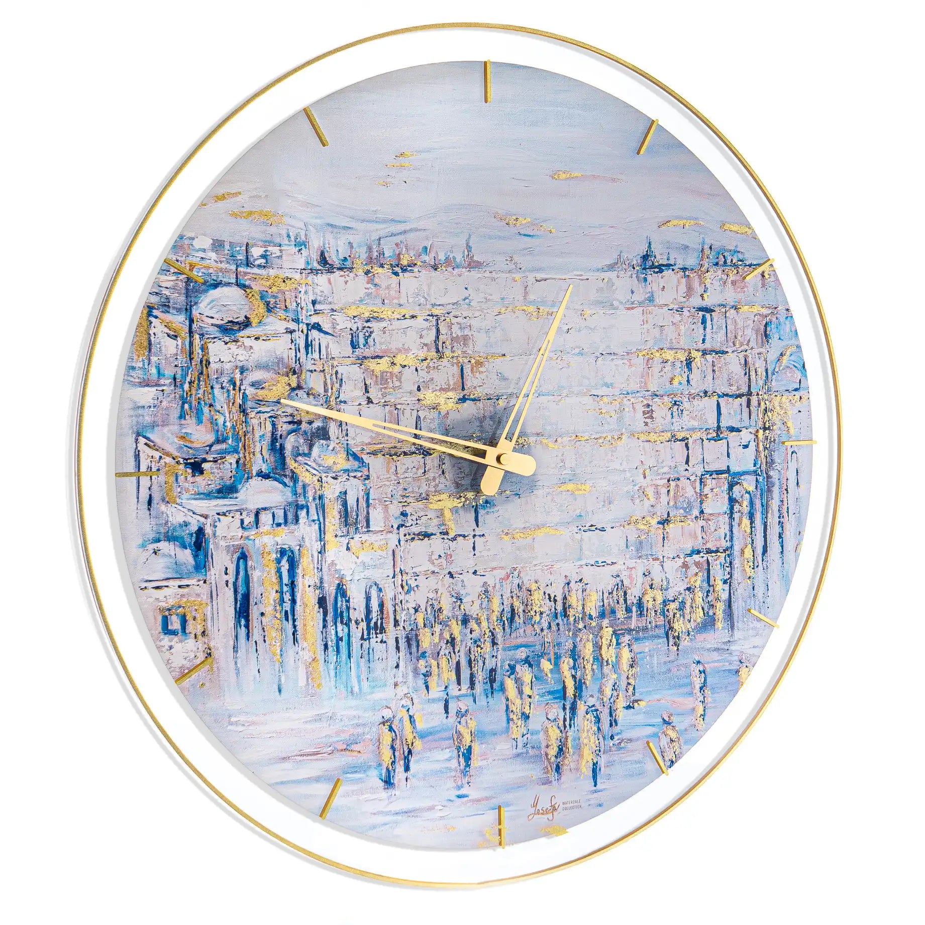 20 inch wall clock with the painted kosel by yosefa design. deep blue abstract colors with gold metallic mask on top.