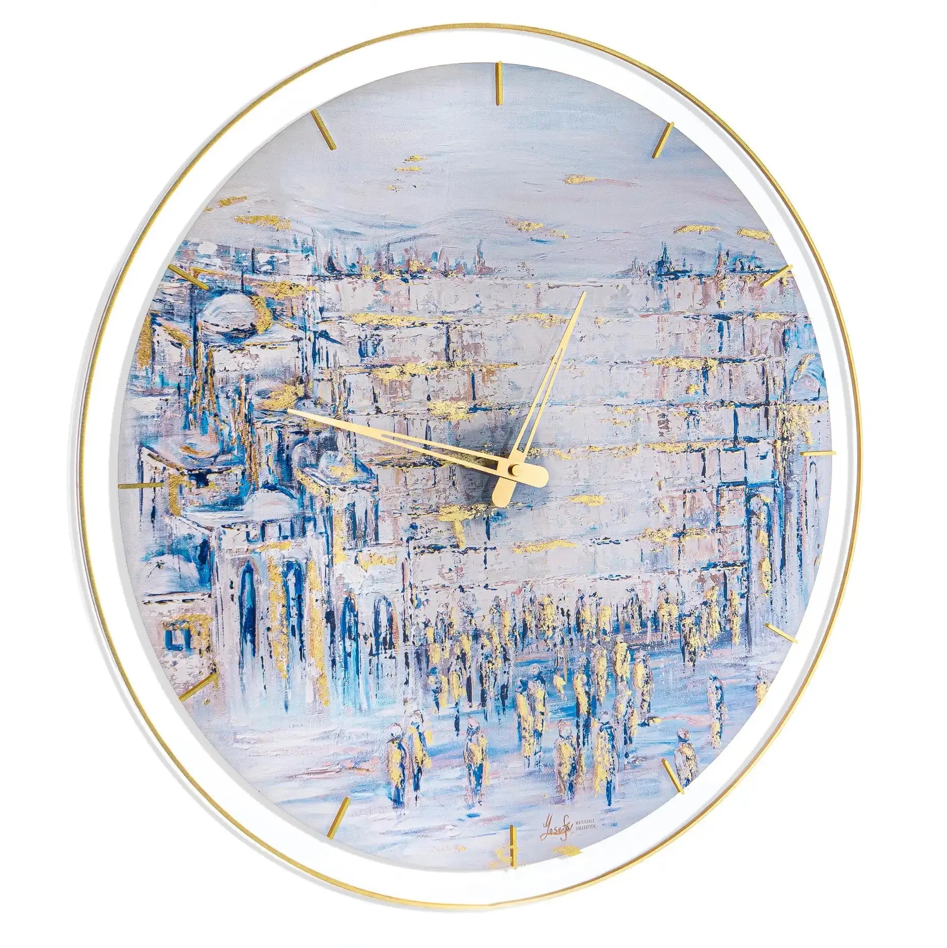 20 inch wall clock with the painted kosel by yosefa design. deep blue abstract colors with gold metallic mask on top.