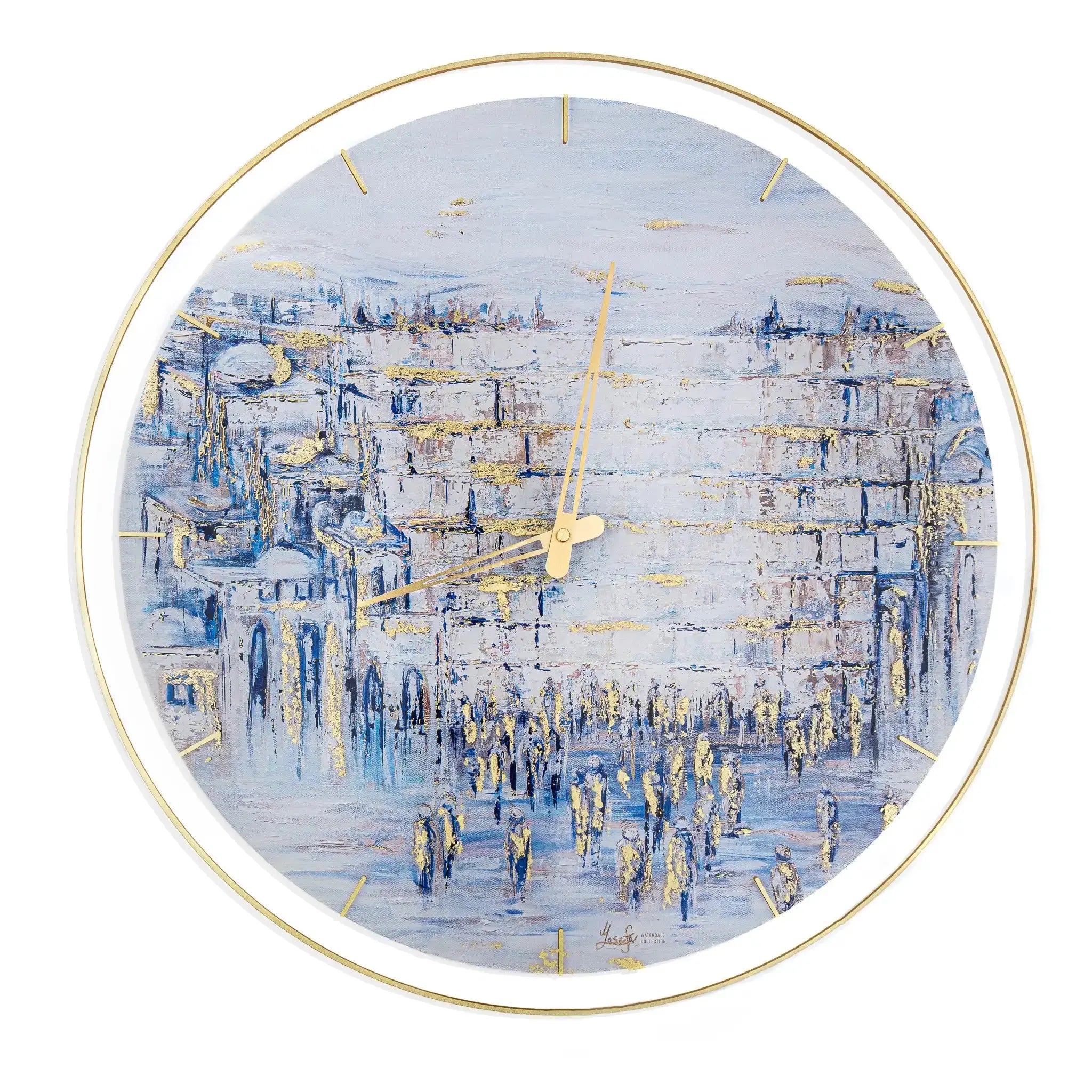 20 inch wall clock with the painted kosel by yosefa design. deep blue abstract colors with gold metallic mask on top.