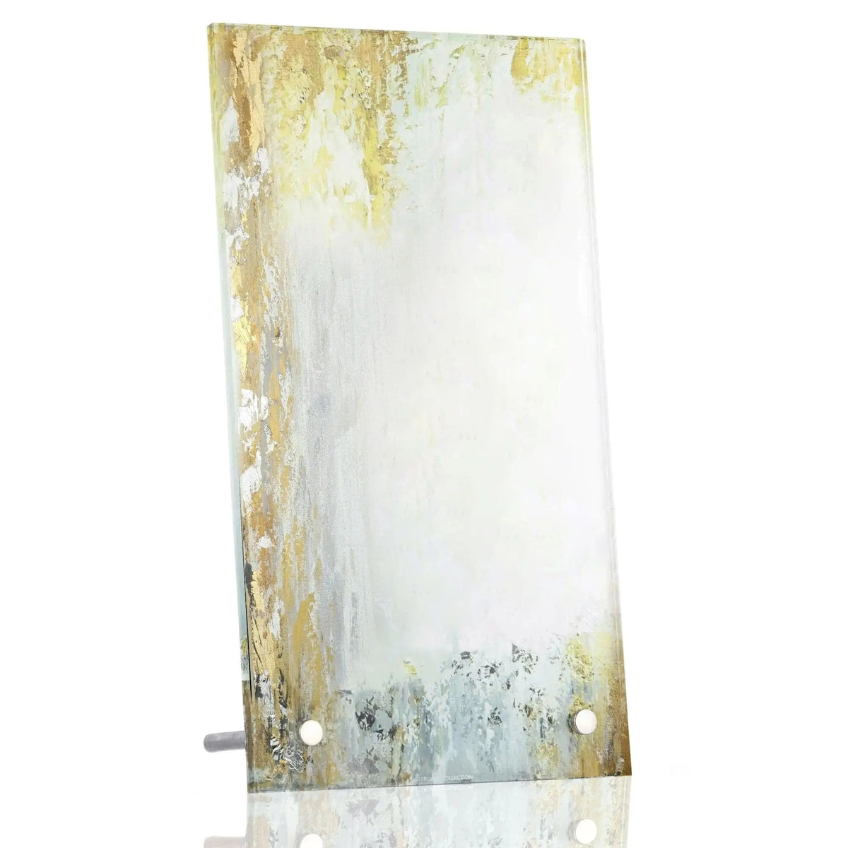 Waterdale Collection painted tabletop plaque with marble-effect finish in soft white and gold tones, standing upright on reflective surface.